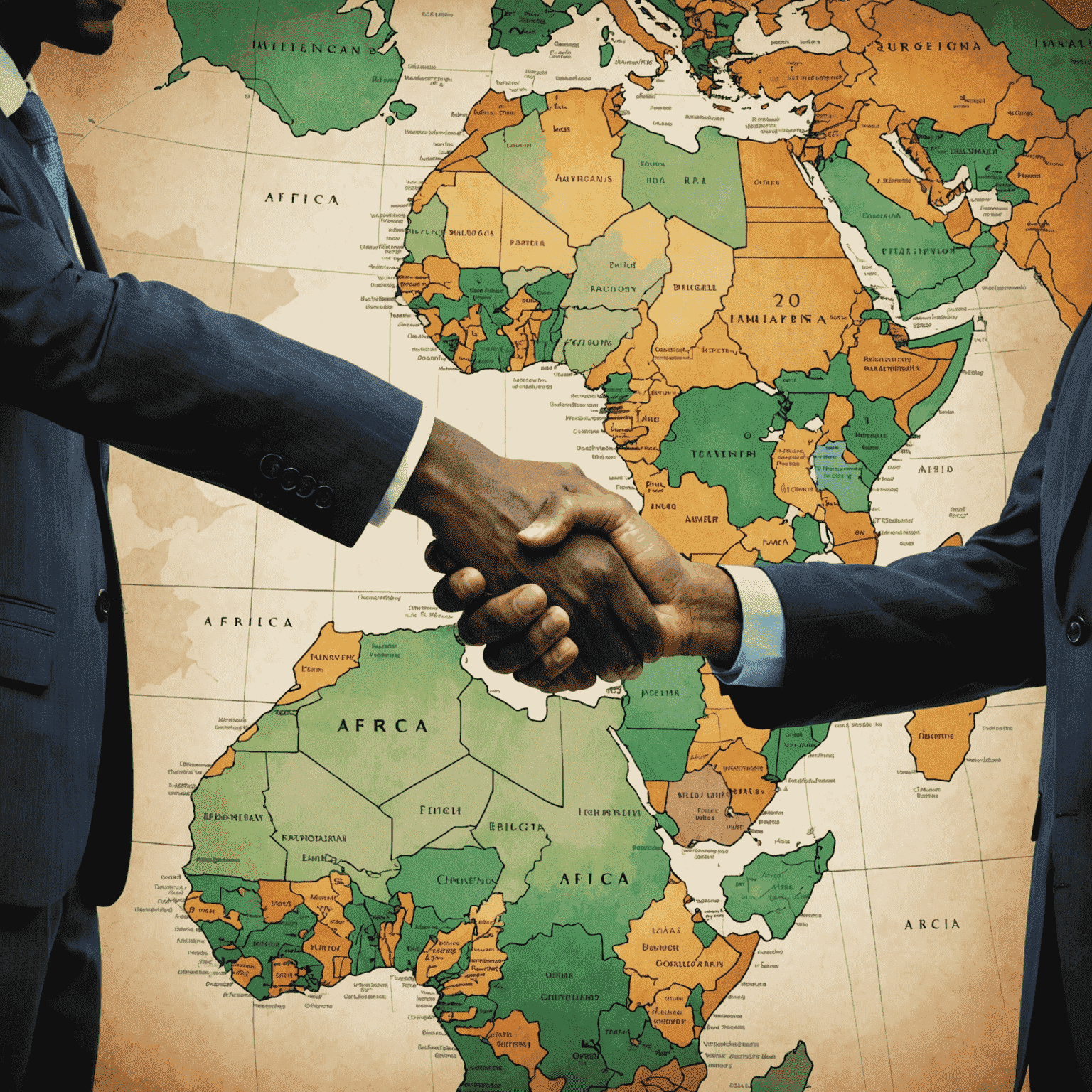 Businesspeople shaking hands in front of a map of Africa, symbolizing partnerships and growth strategies