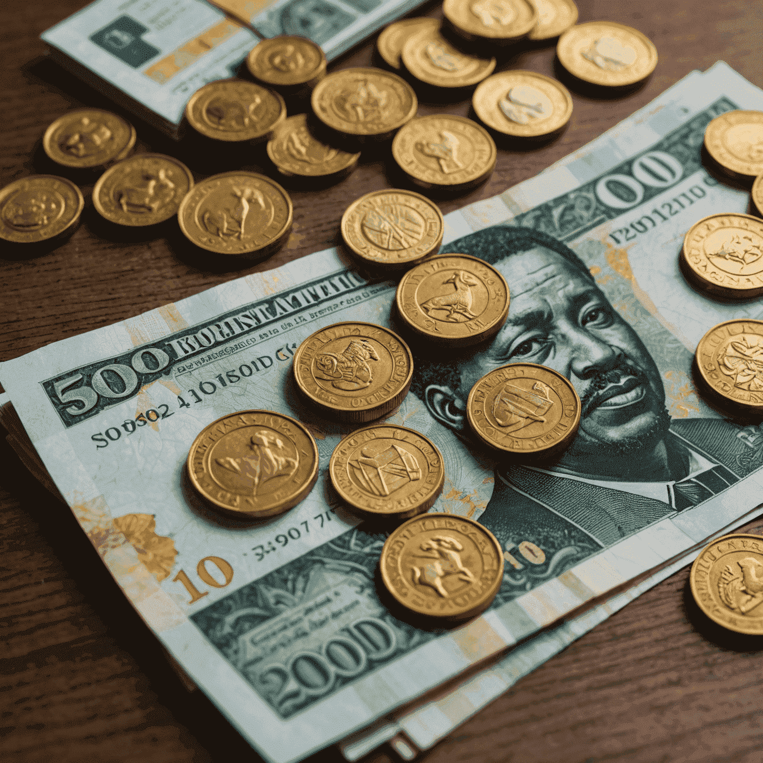 South African Rand banknotes and gold coins, symbolizing financial challenges and opportunities in South Africa