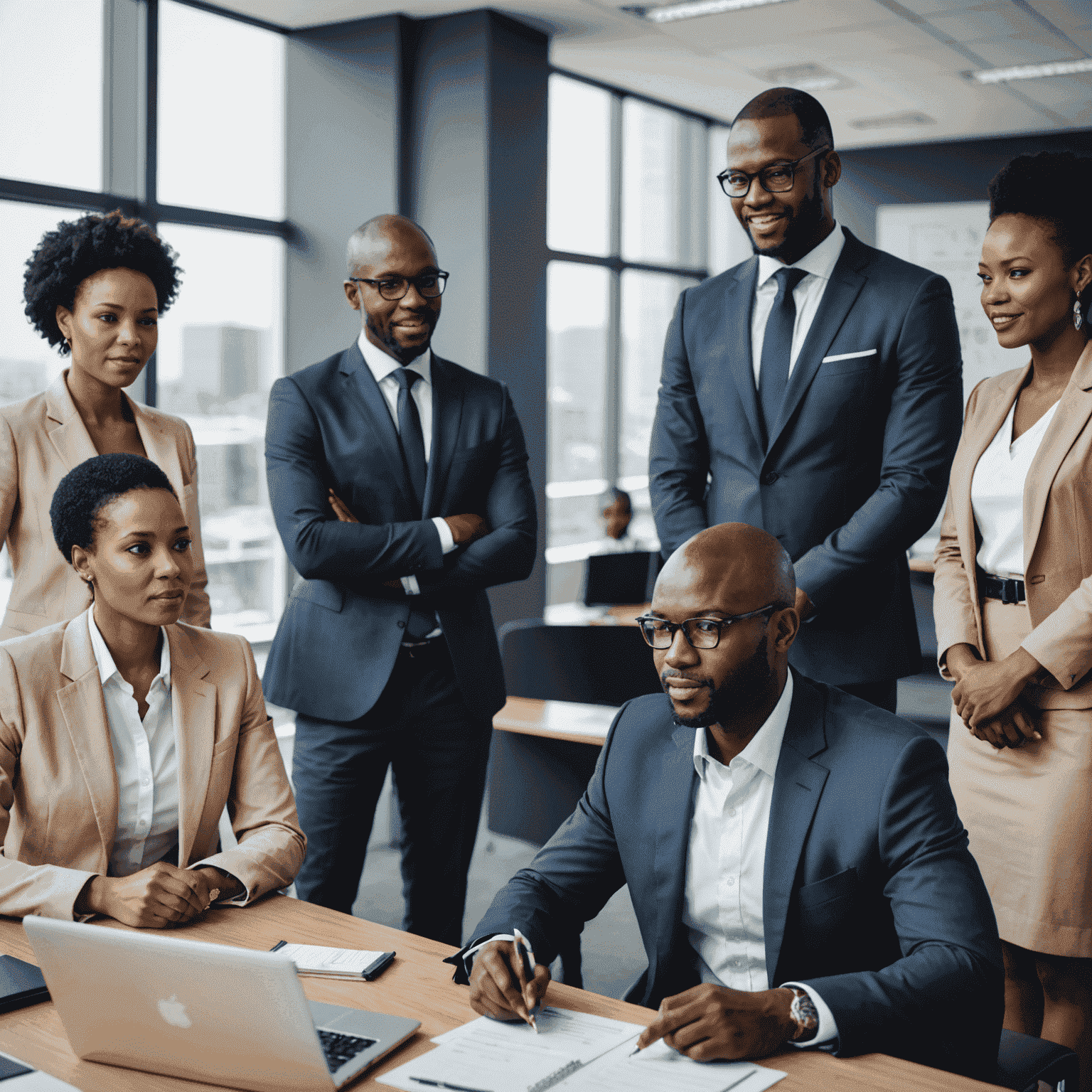 A team of management consultants working with African business leaders in a modern office setting