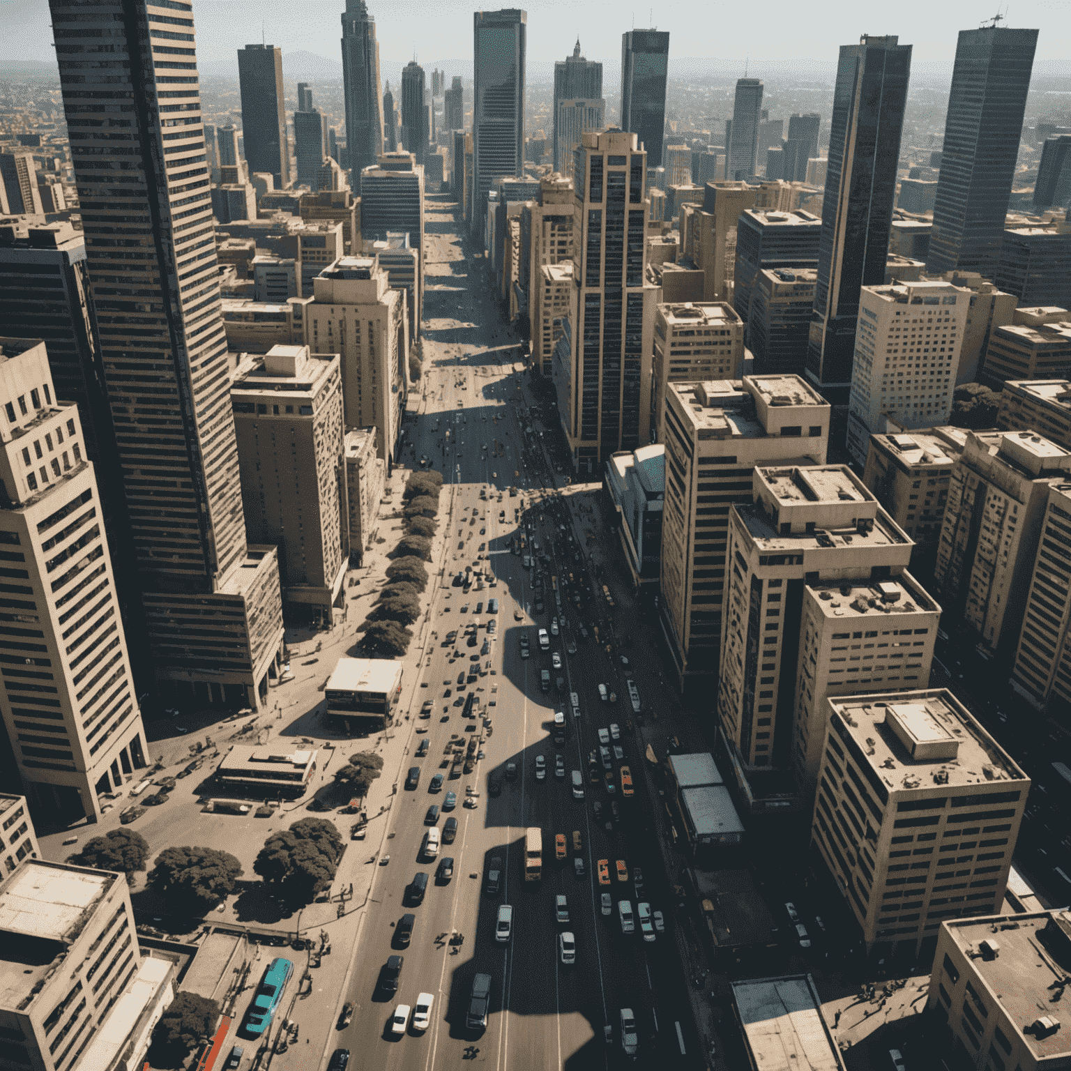 Aerial view of a bustling African city with modern skyscrapers and busy streets filled with cars and people