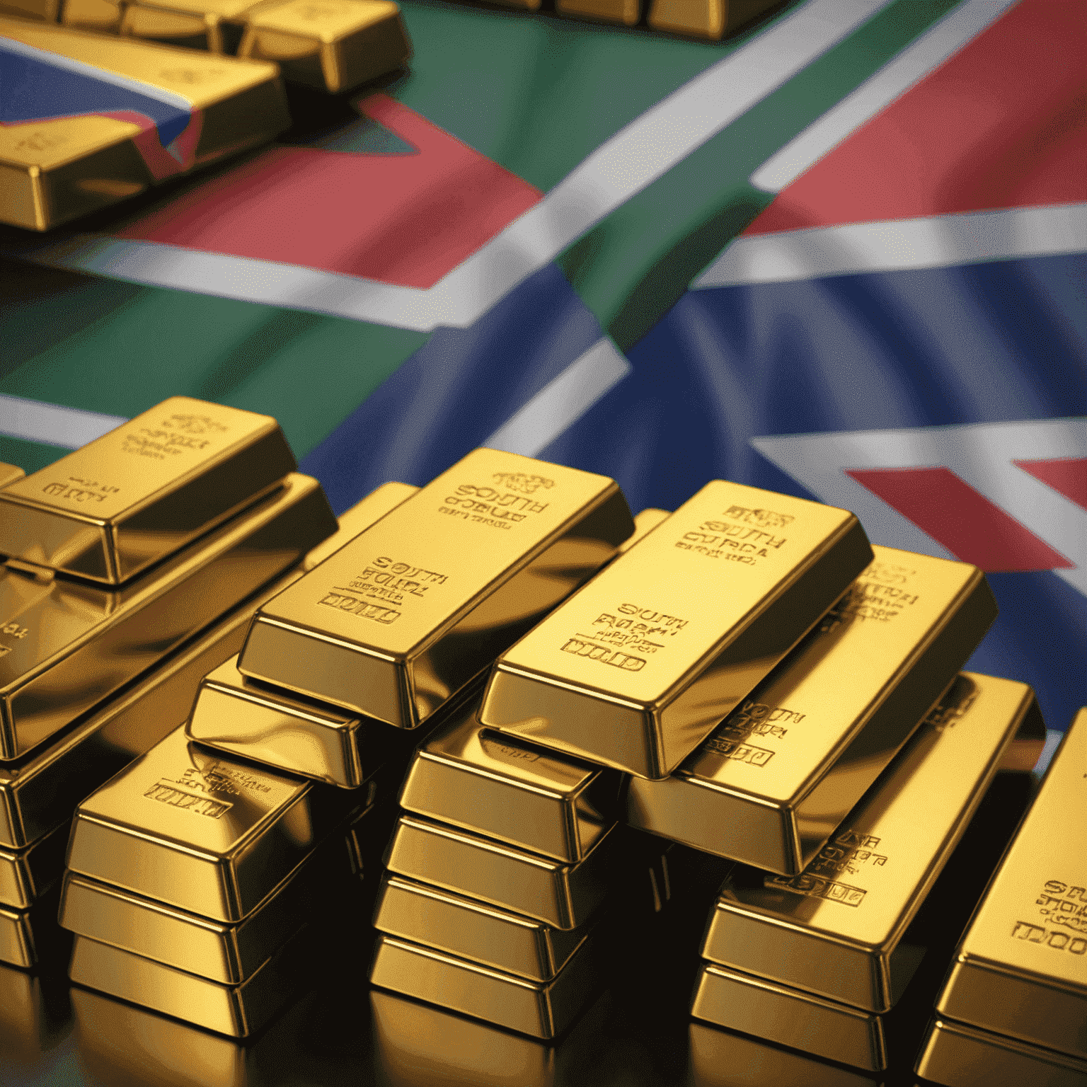 Stacks of gold bars with the South African flag in the background