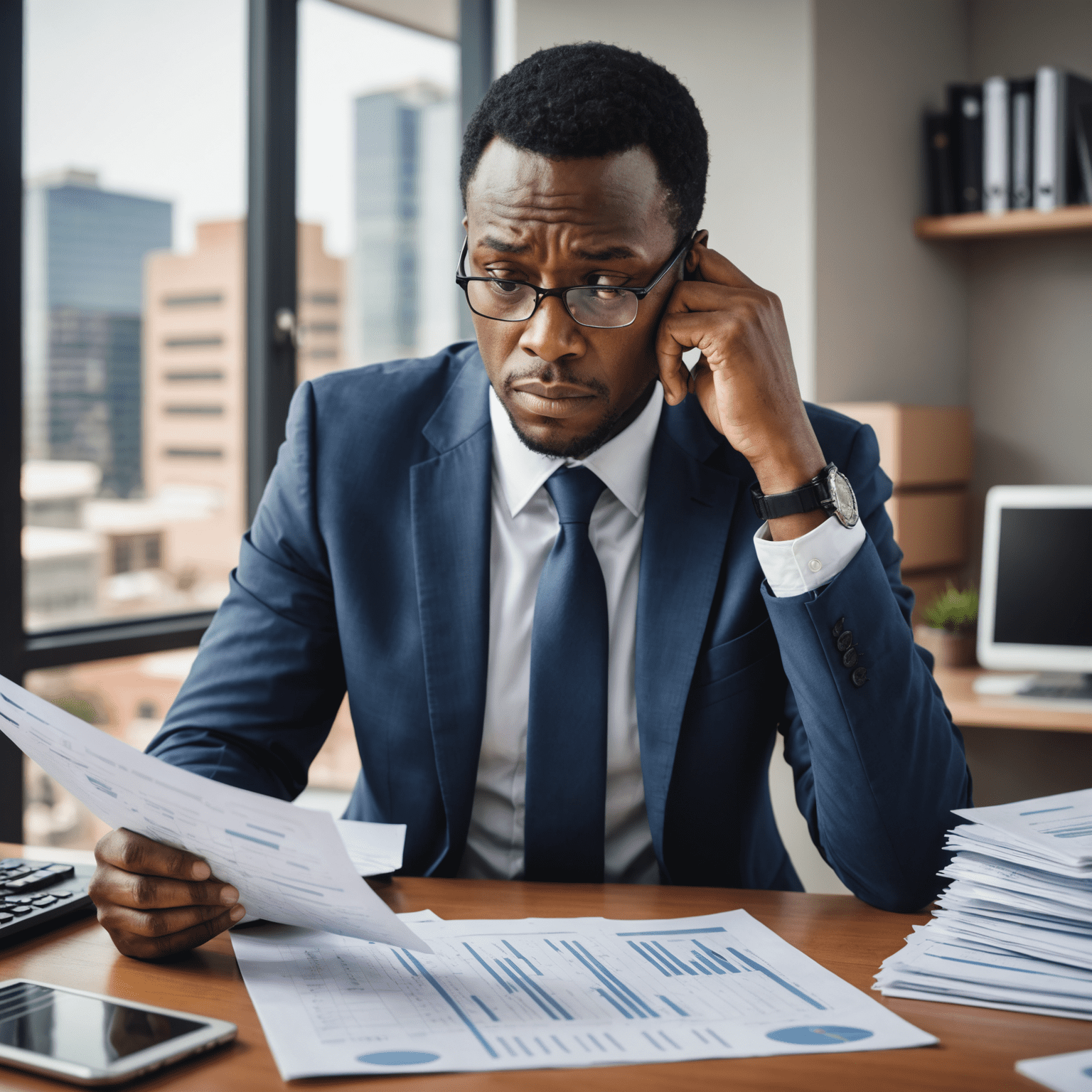 A stressed businessperson looking at financial reports, depicting the financial challenges faced by businesses in South Africa