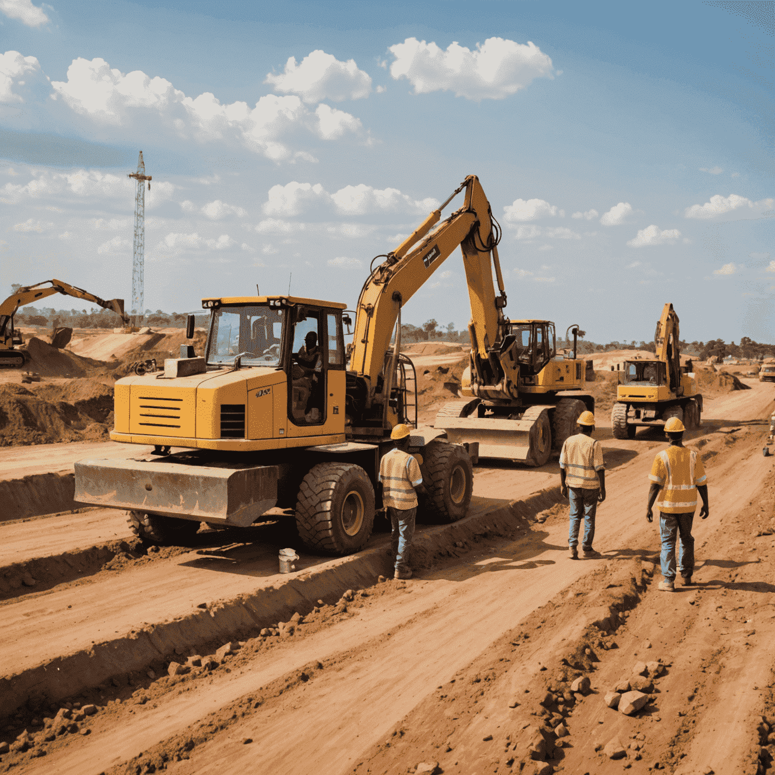 Construction workers building a modern highway in an African country, with heavy machinery and equipment visible