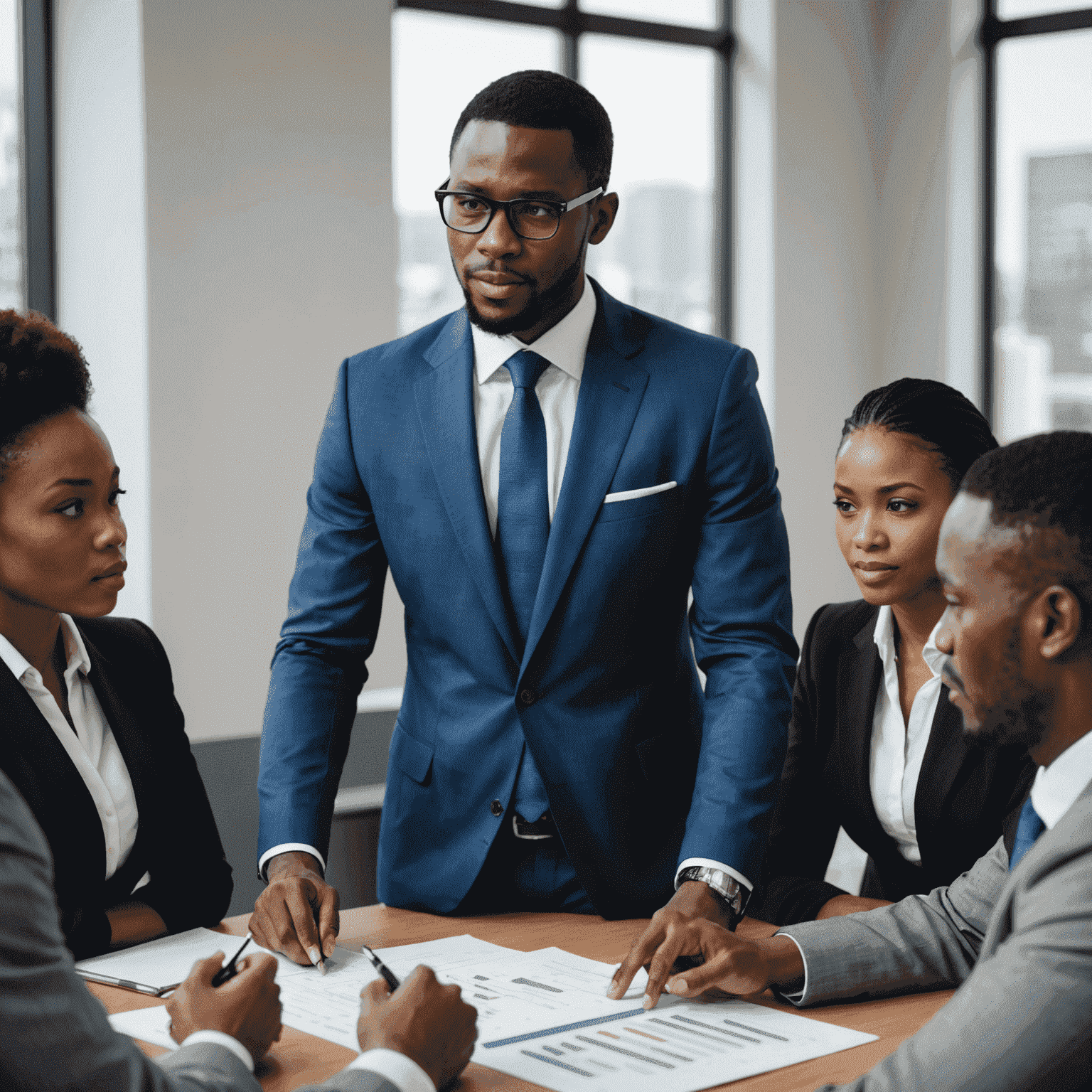 A management consultant presenting strategies to a group of business executives, showcasing the role of management consulting in African business success