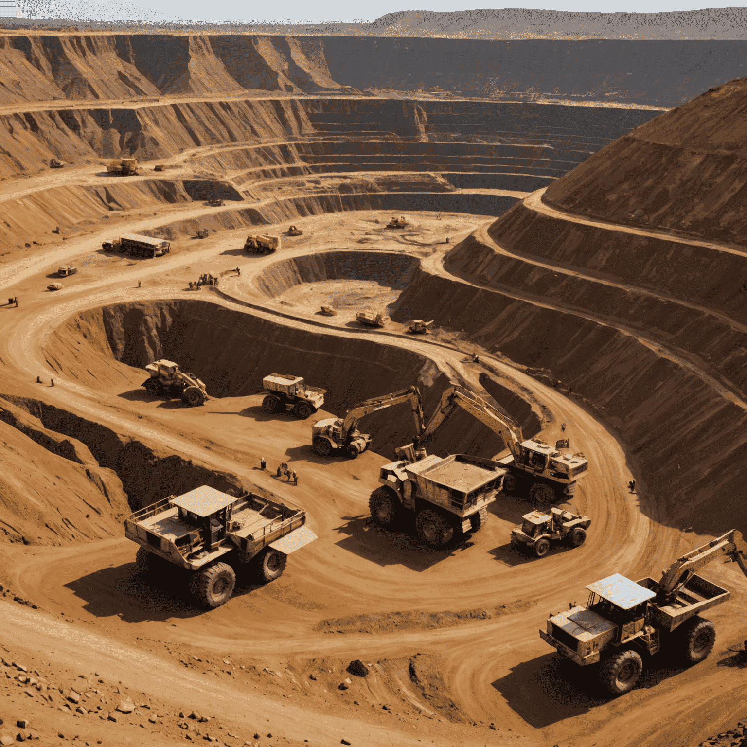 A large open-pit gold mine in an African country, with heavy machinery and workers visible