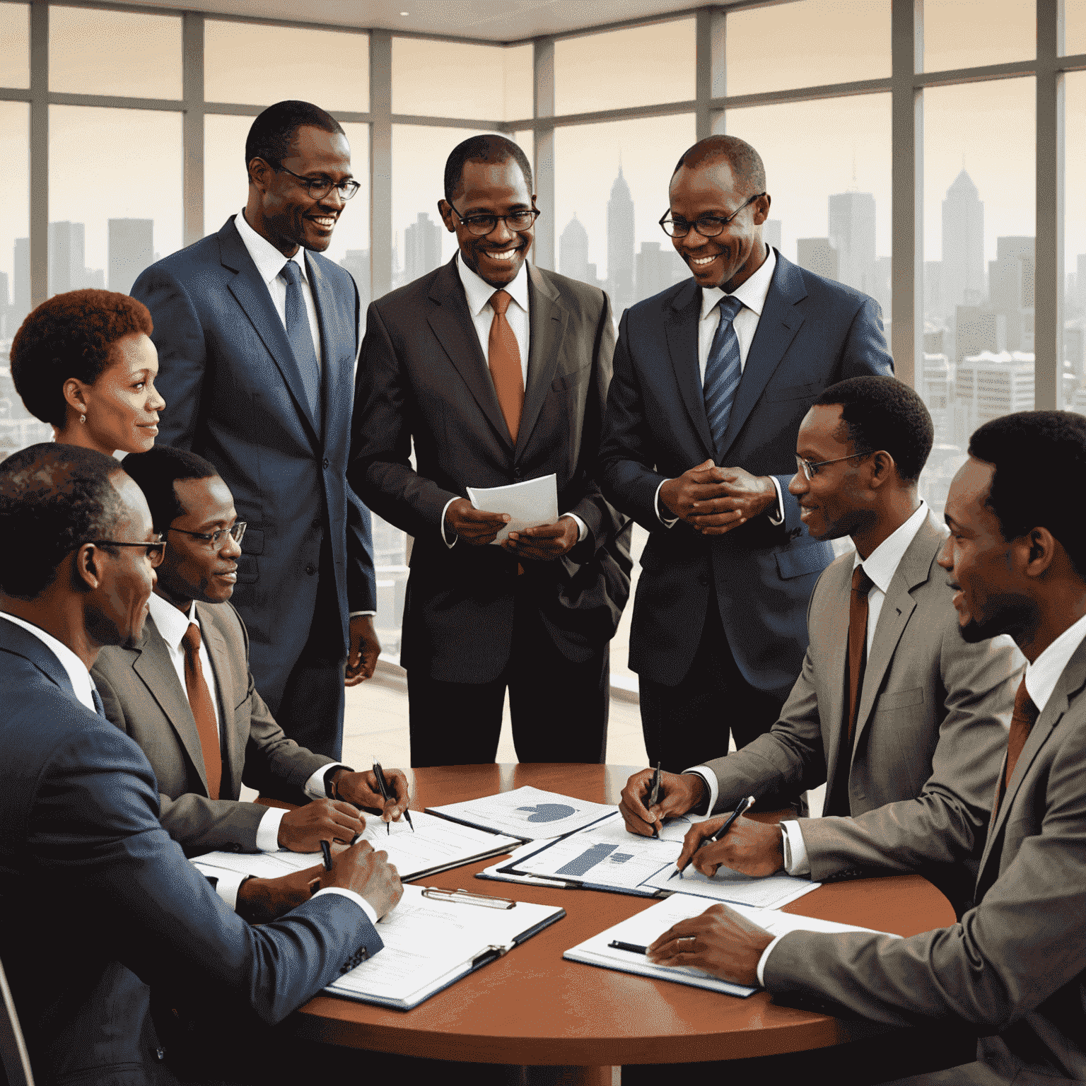 Illustration of management consultants collaborating with an African business team